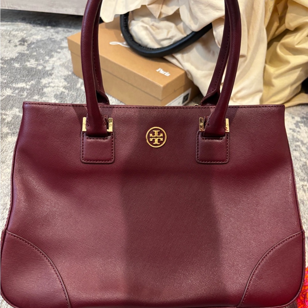 Tory Burch Burgundy Saffiano Leather Tote with Gold Logo